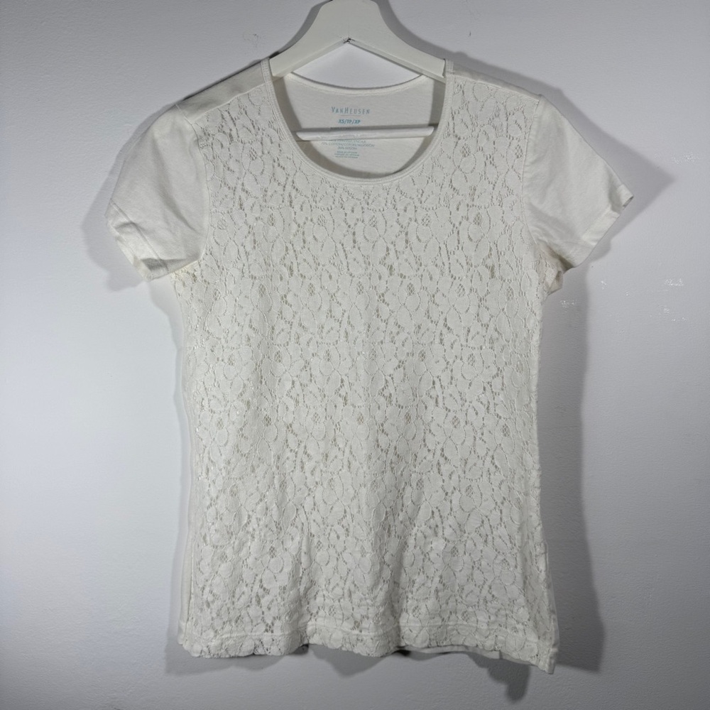 Van Heusen White Lace Front Short Sleeve Top XS